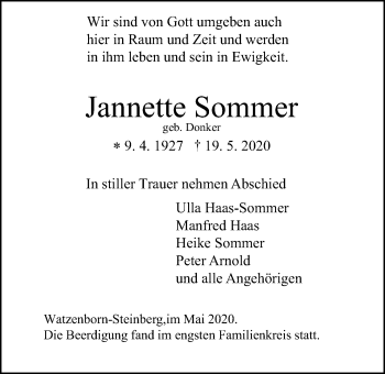 Traueranzeige von Jannette Sommer von Pohlheimer Nachrichten