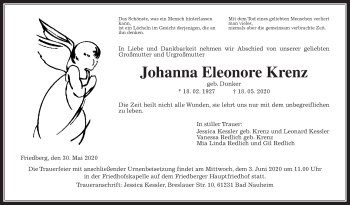 Traueranzeige von Johanna Eleonore Krenz von Wetterauer Zeitung