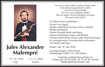 Traueranzeige von Jules Alexandre Malempré von Wetterauer Zeitung