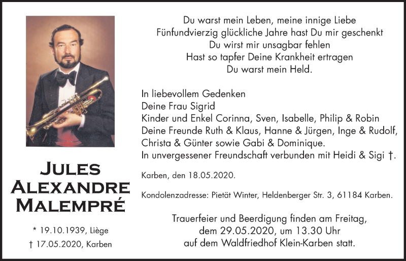  Traueranzeige für Jules Alexandre Malempré vom 22.05.2020 aus Bad Vilbel/Karben