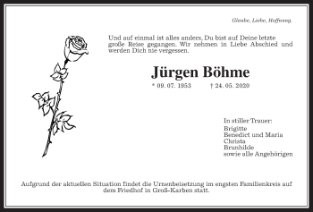 Traueranzeige von Jürgen Böhme von Wetterauer Zeitung