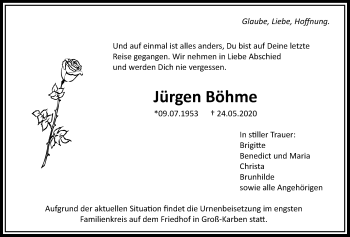 Traueranzeige von Jürgen Böhme von Bad Vilbel/Karben
