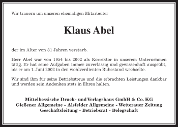 Traueranzeige von Klaus Abel von Giessener Allgemeine, Alsfelder Allgemeine