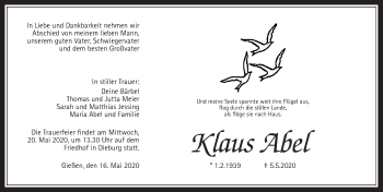 Traueranzeige von Klaus Abel von Giessener Allgemeine, Alsfelder Allgemeine