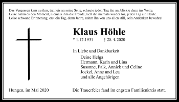 Traueranzeige von Klaus Höhle von Licher Wochenblatt