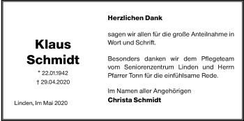 Traueranzeige von Klaus Schmidt von Giessener Allgemeine, Alsfelder Allgemeine