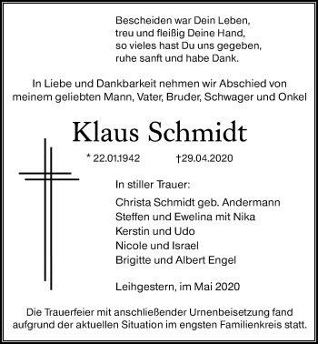 Traueranzeige von Klaus Schmidt von Giessener Allgemeine, Alsfelder Allgemeine
