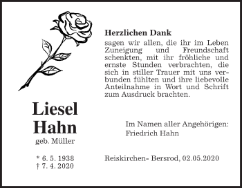 Traueranzeige von Liesel Hahn von Giessener Allgemeine, Alsfelder Allgemeine