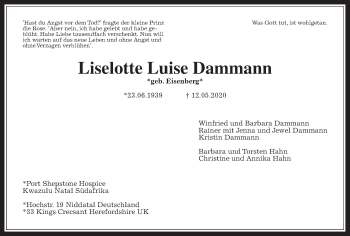 Traueranzeige von Liselotte Luise Dammann von Wetterauer Zeitung, Giessener Allgemeine, Alsfelder Allgemeine