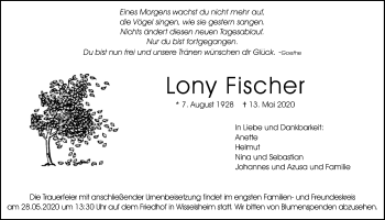 Traueranzeige von Lony Fischer von Wetterauer Zeitung