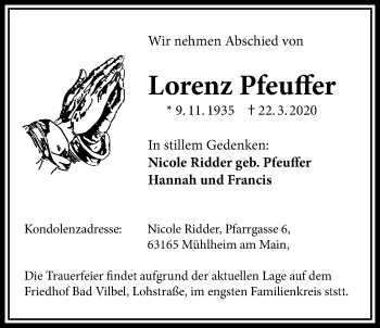 Traueranzeige von Lorenz Pfeuffer von Bad Vilbel/Karben