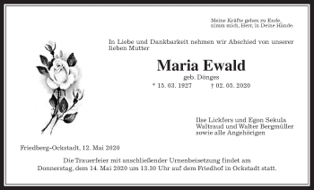 Traueranzeige von Maria Ewald von Wetterauer Zeitung