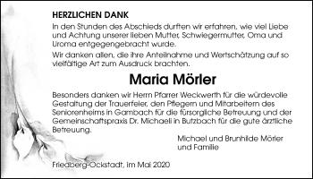 Traueranzeige von Maria Mörler von Wetterauer Zeitung