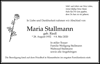 Traueranzeige von Maria Stallmann von Bad Vilbel/Karben