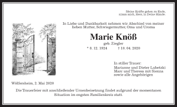 Traueranzeige von Marie Knöß von Wetterauer Zeitung