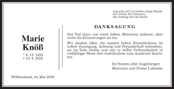 Traueranzeige von Marie Knöß von Wetterauer Zeitung