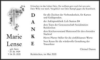 Traueranzeige von Marie Lense von Giessener Allgemeine, Alsfelder Allgemeine