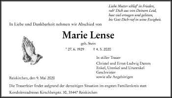 Traueranzeige von Marie Lense von Giessener Allgemeine, Alsfelder Allgemeine