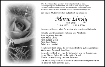 Traueranzeige von Marie Linsig von Licher Wochenblatt