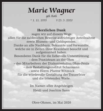 Traueranzeige von Marie Wagner von Mücker Stimme