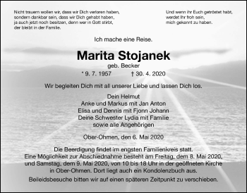 Traueranzeige von Marita Stojanek von Giessener Allgemeine, Alsfelder Allgemeine