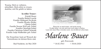 Traueranzeige von Marlene Bauer von Wetterauer Zeitung