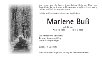 Traueranzeige von Marlene Buß von Giessener Allgemeine, Alsfelder Allgemeine