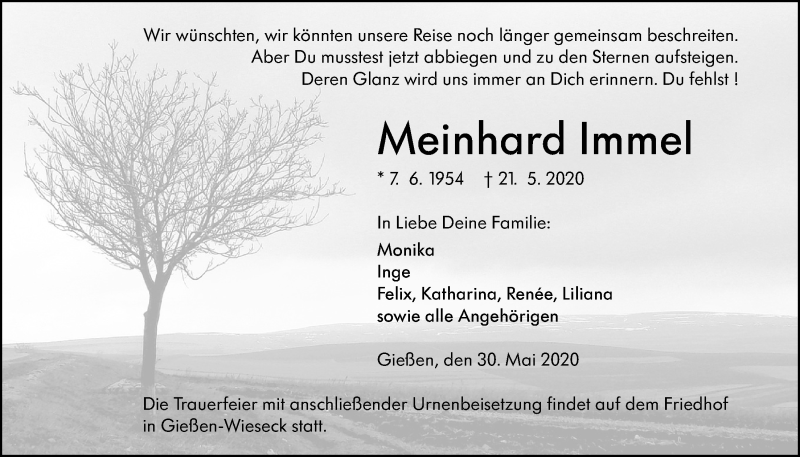 Traueranzeige für Meinhard Immel vom 30.05.2020 aus Giessener Allgemeine, Alsfelder Allgemeine