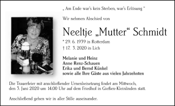 Traueranzeige von Neeltje Schmidt von Giessener Allgemeine, Alsfelder Allgemeine