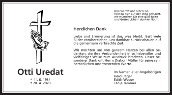 Traueranzeige von Otti Uredat von Rabenauer Zeitung