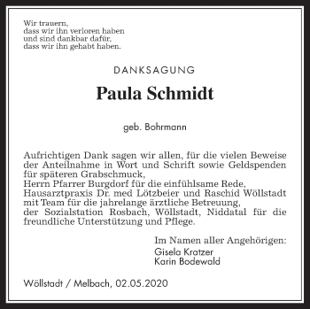 Traueranzeige von Paula Schmidt von Wetterauer Zeitung