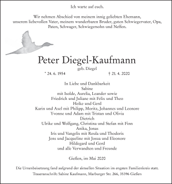 Traueranzeige von Peter Diegel-Kaufmann von Giessener Allgemeine, Alsfelder Allgemeine