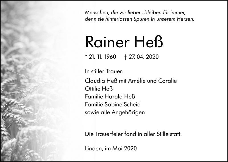  Traueranzeige für Rainer Heß vom 09.05.2020 aus Giessener Allgemeine, Alsfelder Allgemeine