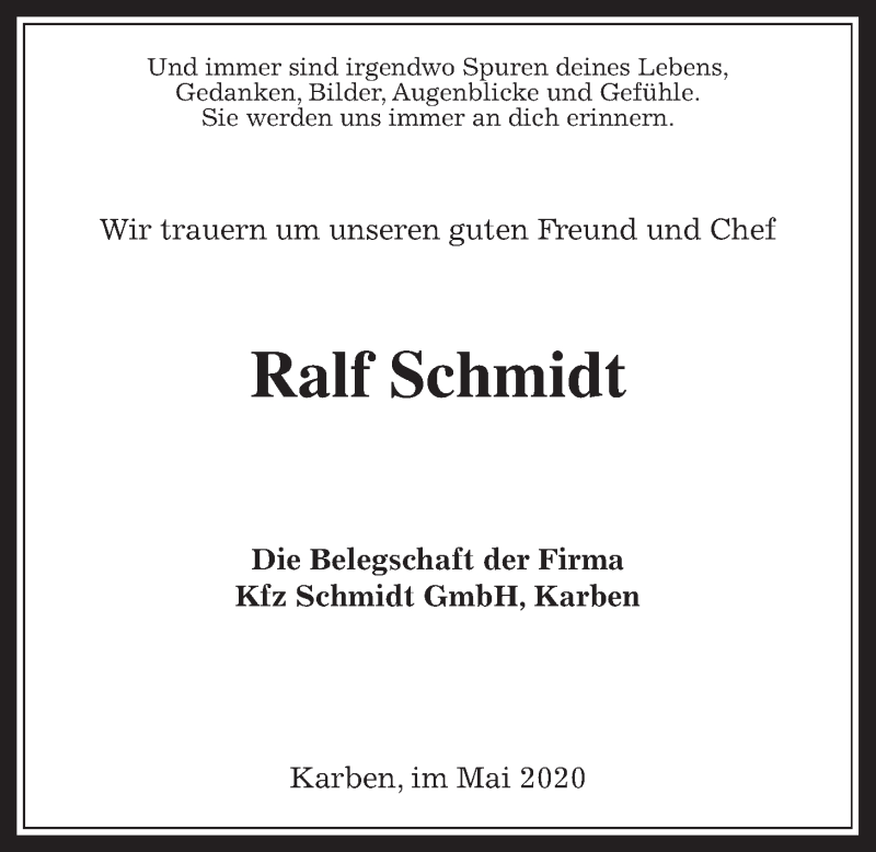  Traueranzeige für Ralf Schmidt vom 13.05.2020 aus Wetterauer Zeitung