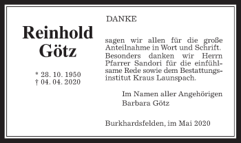 Traueranzeige von Reinhold Götz von Giessener Allgemeine, Alsfelder Allgemeine