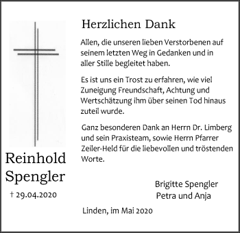 Traueranzeige von Reinhold Spengler von Giessener Allgemeine, Alsfelder Allgemeine