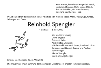 Traueranzeige von Reinhold Spengler von Wetterauer Zeitung, Giessener Allgemeine, Alsfelder Allgemeine