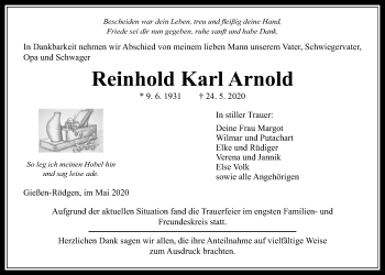 Traueranzeige von Reinhold Karl Arnold von Giessener Allgemeine, Alsfelder Allgemeine
