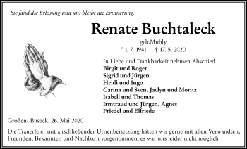 Traueranzeige von Renate Buchtaleck von Giessener Allgemeine, Alsfelder Allgemeine