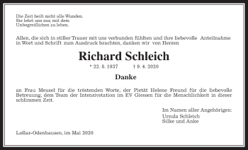 Traueranzeige von Richard Schleich von Giessener Allgemeine, Alsfelder Allgemeine