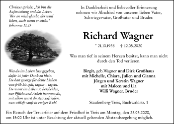 Traueranzeige von Richard Wagner von Giessener Allgemeine, Alsfelder Allgemeine