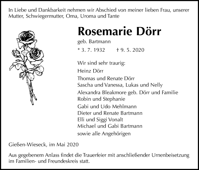  Traueranzeige für Rosemarie Dörr vom 16.05.2020 aus Giessener Allgemeine, Alsfelder Allgemeine