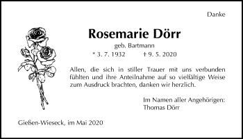 Traueranzeige von Rosemarie Dörr von Wetterauer Zeitung, Giessener Allgemeine, Alsfelder Allgemeine