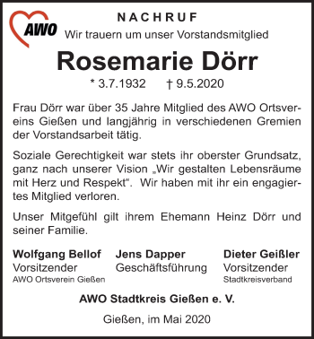 Traueranzeige von Rosemarie Dörr von Giessener Allgemeine, Alsfelder Allgemeine