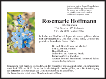 Traueranzeige von Rosemarie Hoffmann von Alsfelder Allgemeine