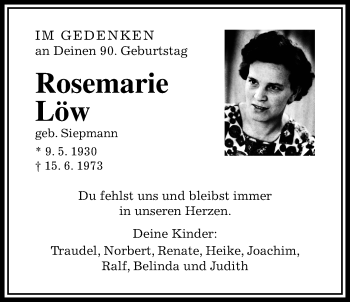 Traueranzeige von Rosemarie Löw von Wetterauer Zeitung