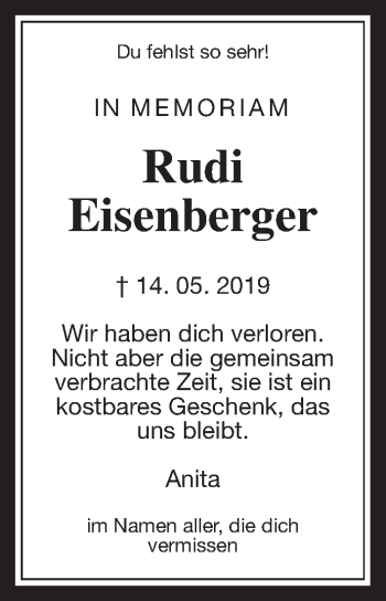Traueranzeige von Rudi Eisenberger von Wetterauer Zeitung, Giessener Allgemeine, Alsfelder Allgemeine