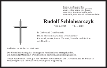 Traueranzeige von Rudolf Schlohsarczyk von Wetterauer Zeitung