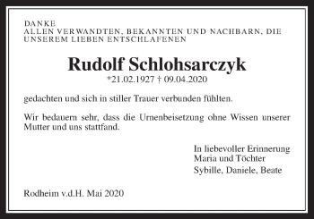Traueranzeige von Rudolf Schlohsarczyk von Wetterauer Zeitung