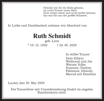 Traueranzeige von Ruth Schmidt von Giessener Allgemeine, Alsfelder Allgemeine